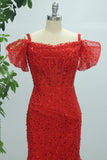 Sparkly Red Mermaid Cold Shoulder Long Prom Dress