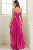 Fuchsia A Line Spaghetti Straps Pleated Long Prom Dress