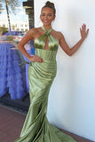 Green Mermaid Halter Satin Pleated Long Prom Dress