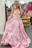 Pink A Line Floral Strapless Sweetheart Long Prom Dress