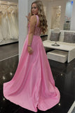 Pink A-Line Satin Pleated Long Prom Dress with Slit