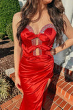 Red Mermaid Strapless Bow Pleated Long Prom Dress with Slit